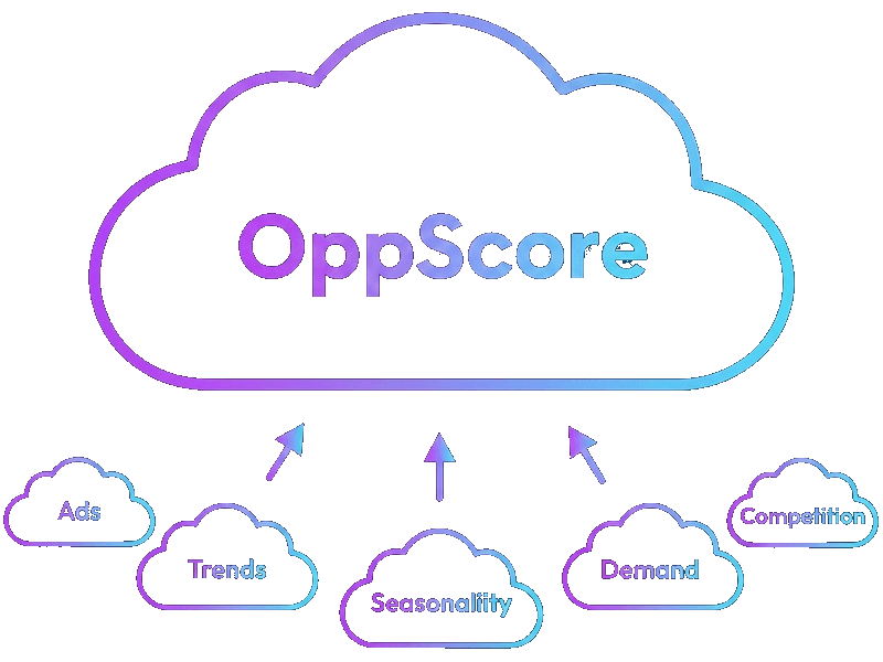 OppScore diagram showing how Ads, Competition, Demand, Seasonality, and Trends feed into one score